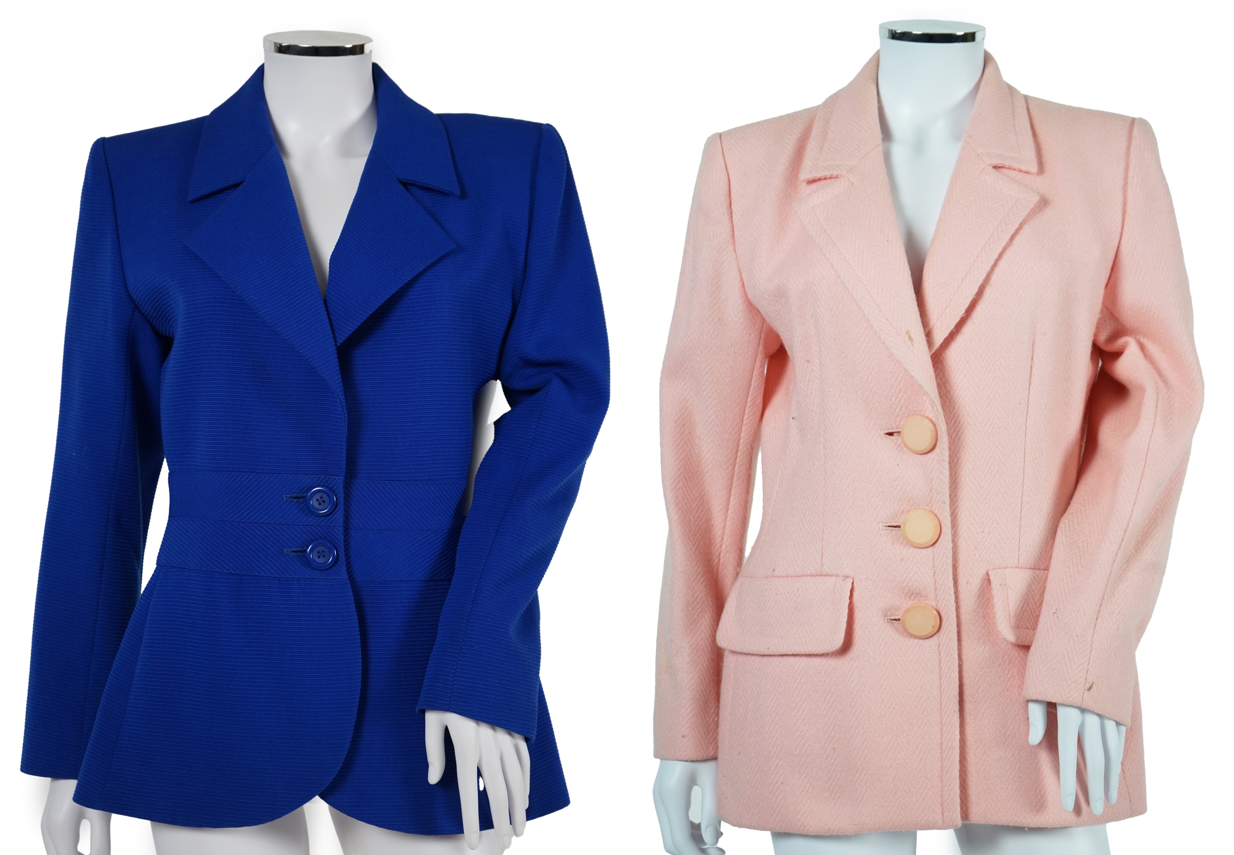 Two vintage Yves Saint Laurent variation lady's wool skirt suits, royal blue and pink. F 40 (UK 12). Please note alterations to make the waist smaller may have been carried out on some of the skirts. Proceeds to Happy Pa